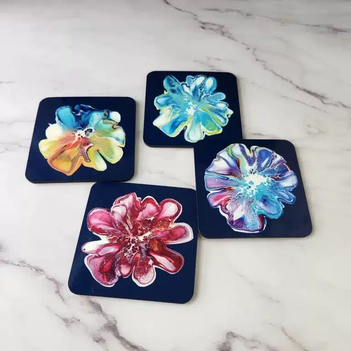 Set of 4 Coaster Bundle - Bloom with Turquoise Background